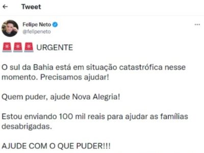 Felipe Neto anuncia doação de R$ 100 mil para cidades baianas afetadas pela chuva
