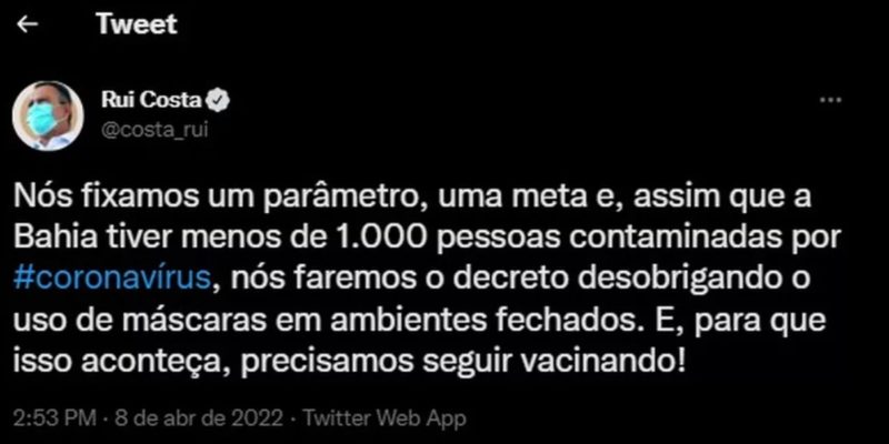 Rui Costa afirma que uso de máscaras em ambientes fechados será liberado quando Bahia tiver menos de mil casos ativos